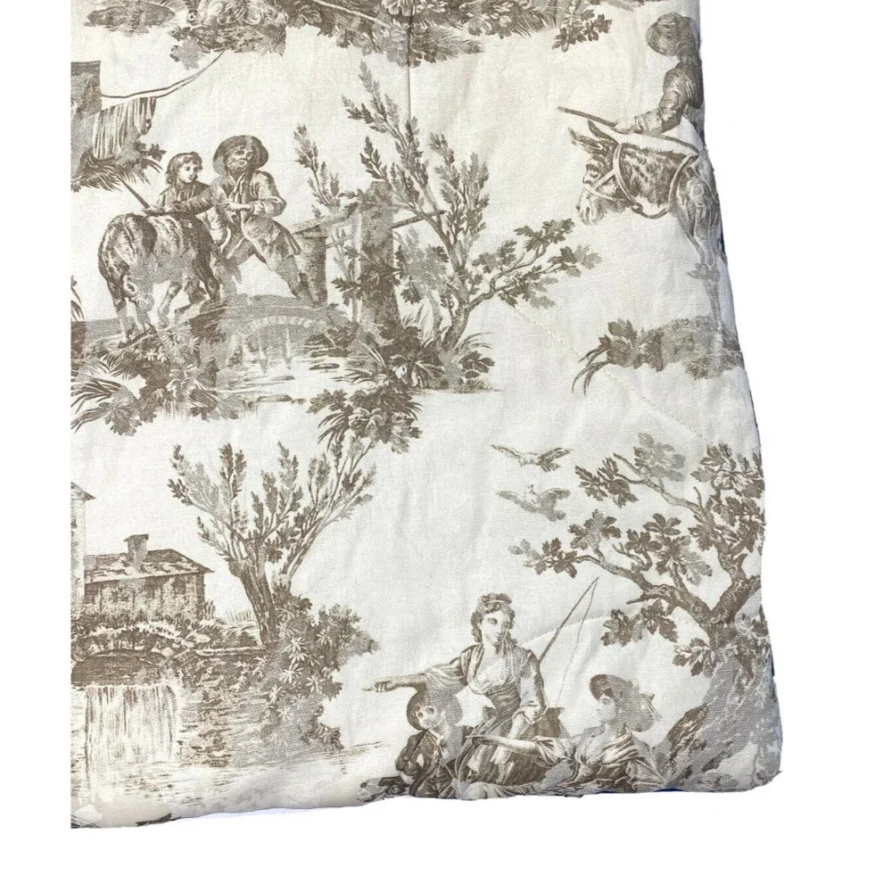 Vintage French Country Toile Comforter Full Queen Bedspread Brown Beige Print